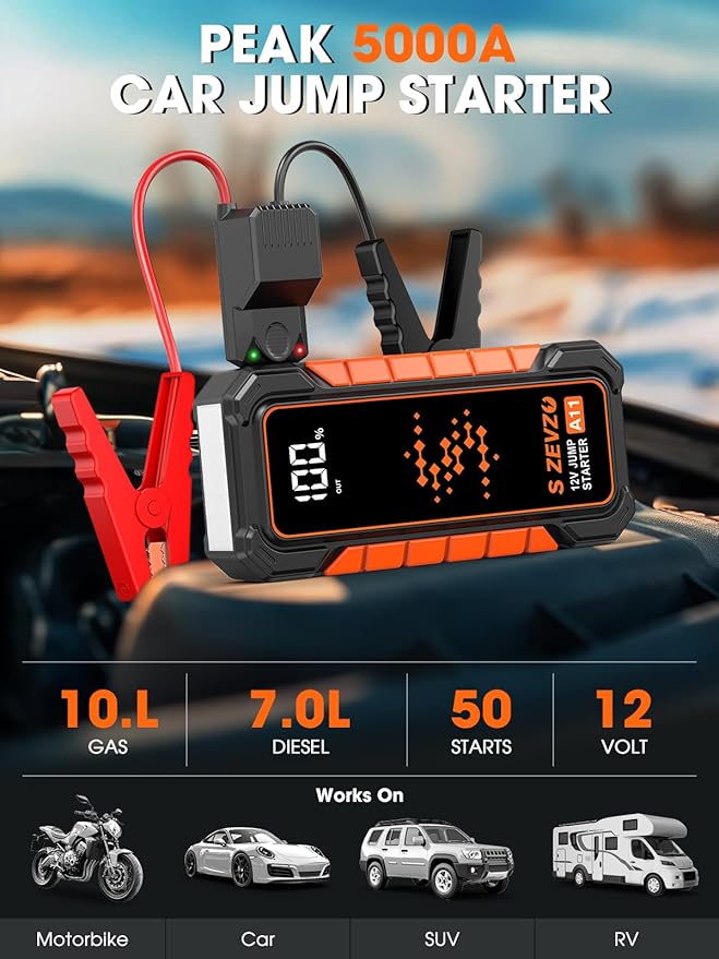 S ZEVZO A11 Jump Starter, Upgraded 5000A Car Battery Jumper Starter Portable (10.0L Gas & 7.0L Diesel Engines) with Booster 12V Lithium Jump Box with USB Charger, LCD Display, Flashlight, and Case