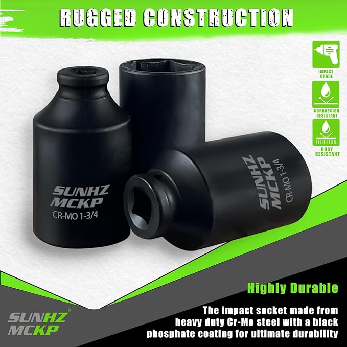 SUNHZMCKP 1/2 Inch Drive Impact Socket, SAE 1-3/4 In Deep Socket, CR-MO, 6 Point Axle Nut Socket for Easy Removal of Axle Shaft Nuts (1-3/4)