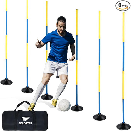 SEAOTTER Soccer Agility Poles Set, 4/6/10 Pcs 6ft Detachable Sports Trainning Speed Poles Slalom Poles with Rubber Base, Agility Training Equipment for Football, Rugby, Basketball, Indoor & Outdoor