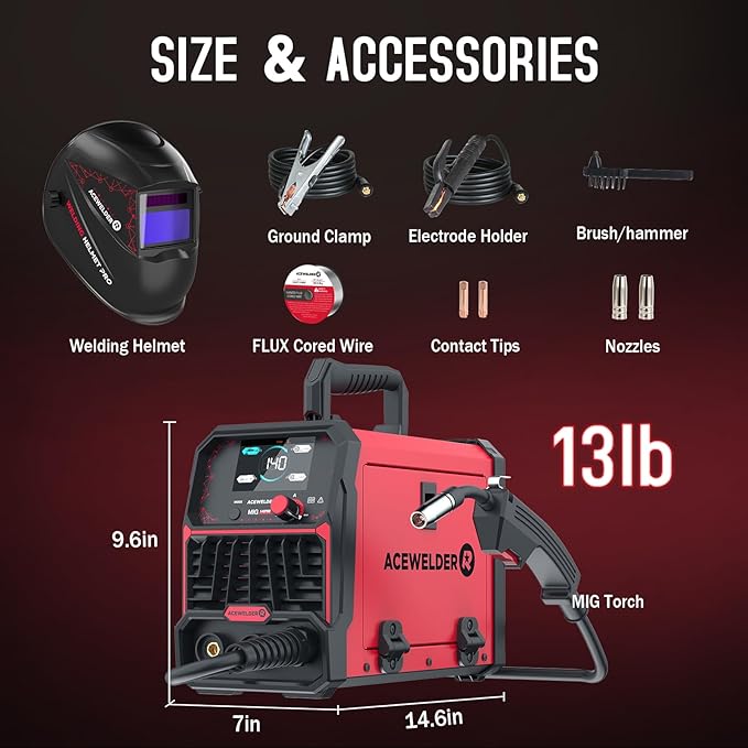 140A MIG Welder, 3 in 1 Flux Core, MIG/LIFT TIG/Stick Welding Machine 110V Portable IGBT Inverter Synergic Control, LED Display with Welding Helmet