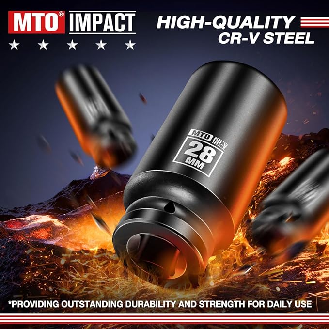 MTO 1/2" Drive 28mm Deep Impact Socket, 6-Point Metric Socket for Automotive Maintaince, CR-V Steel Meets ANSI Standards