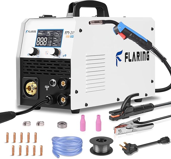 FLARING 215Amp MIG Welder 120V/240V 6 IN 1 Welding Machine Flux Core/Gas MIG/Stick/Lift TIG/Spot welding/Spool Gun Multi-Process Aluminum Welding 2lbs/11lbs Wire Competible LED Display Portable Welder