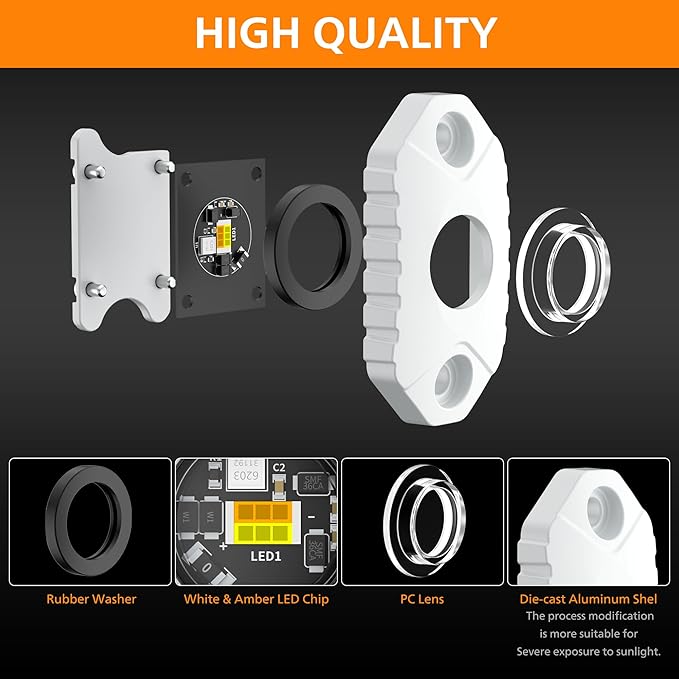 RV Lights Exterior White/Amber LED Aluminum Porch Light 12V IP68 Waterproof Campers Awning Lamp Replacement Kits for Trailers Truck Motorhome Travel Vehicles 4 PCS