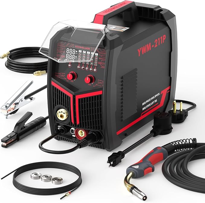 YESWELDER 200Amp Aluminum MIG Welder with Pulse YWM-211P, 110/220V Dual Voltages MIG/Stick/Lift TIG Multi Proces MIG Welding Machine,Spool Gun Compatible