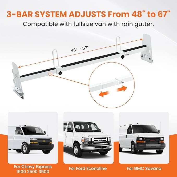 Van Roof Ladder Rack, 3 Adjustable Crossbars (48"-67") with Rain Gutter Mounts, Compatible with Chevy Express 1500/2500/3500, Ford Econoline, and GMC Savana Cargo Vans
