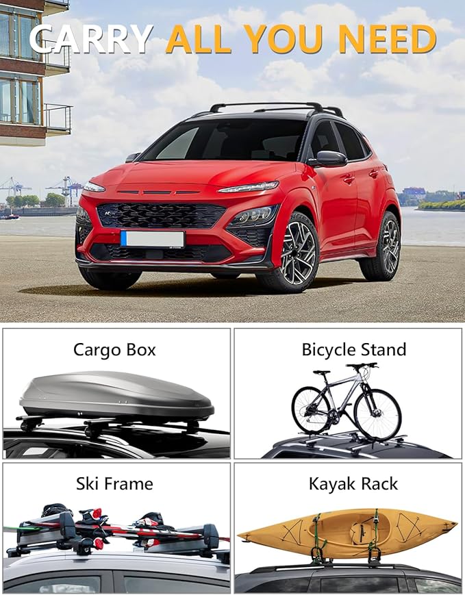 Tuyoung Roof Rack Cross Bars Compatible with 2018-2023 Hyundai Kona & Kona N & Kona Electric with Flush Side Rails, Lockable 220lbs Heavy Duty Aluminum Lockable Roof Rails Crossbars Rooftop Luggage