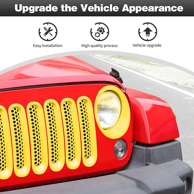 CheroCar for JK Mesh Grille Grill Insert & Headlight Cover Trim Exterior Accessories for Jeep Wrangler JK 2007-2017,Yellow…