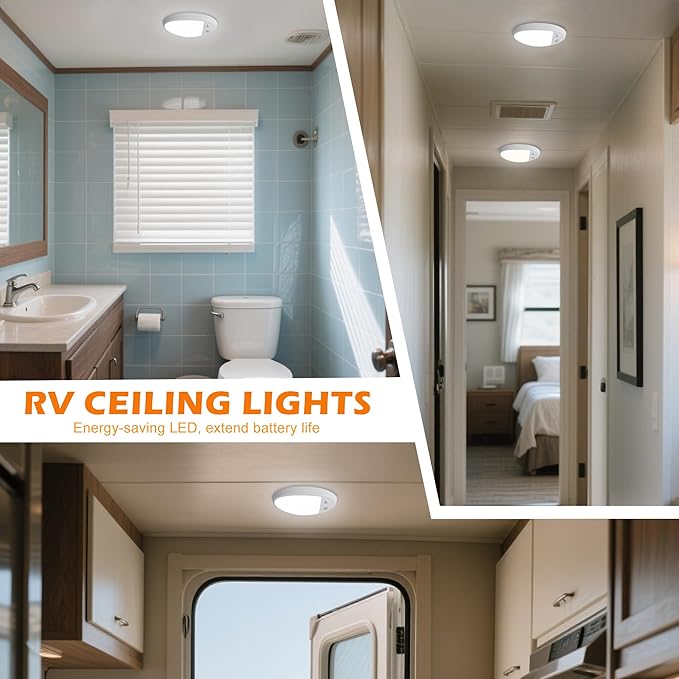 Facon 2Pack 12V DC RV Interior Light with PIR Motion Sensor & 3-Way Switch - Small Oval Pancake Ceiling Dome Light, 6000K Daylight White, ETL Listed for RV, Motorhome, Camper, Boat