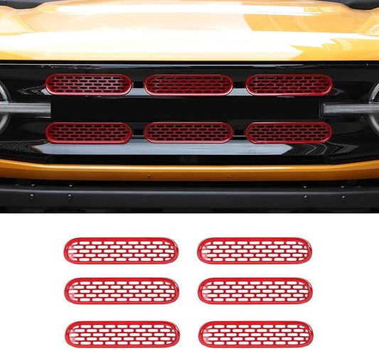 Front Grill Mesh Grille Inserts Cover Frame Trims Kit 6Pcs Fit for Ford Bronco 2021-2025+ 2/4 Door Exterior Accessories (Red)