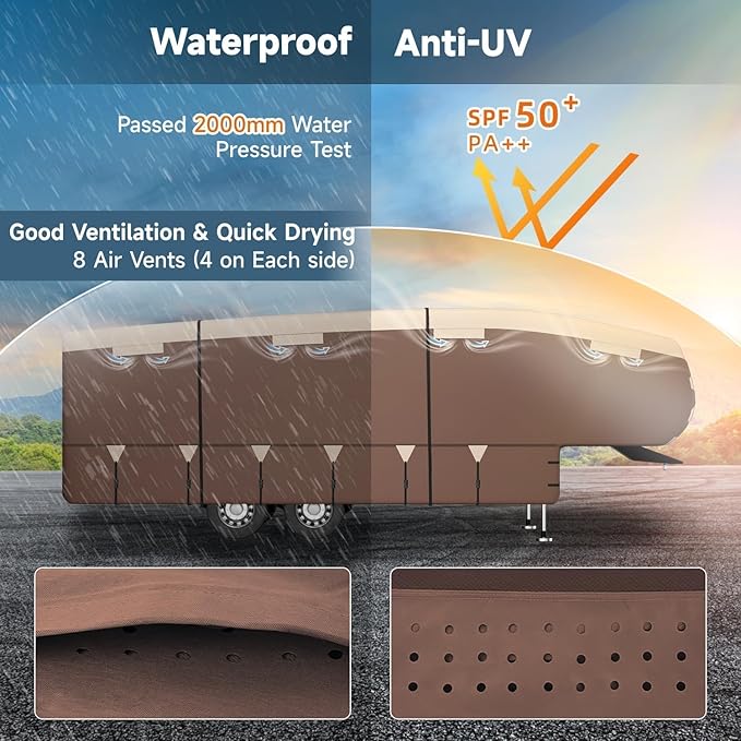 VINPATIO 5th Wheel Cover: Fits 28'-31' RV, 300D Oxford Fabric Two Color Design, Heavy Duty 5th Wheel RV Cover Anti-UV Waterproof Windproof, with Gutter Cover & 2 Pcs Extra Straps