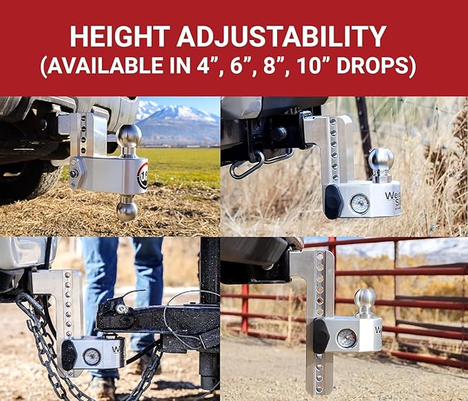 Weigh Safe Aluminum Adjustable Trailer Hitch - Towing Hitch with Built-In Tongue Weight Scale - Compatible with 2.5" Receivers - 6" Drop, Stainless Steel Tow Balls, 18,500 GTW, 4-Piece Lock Set