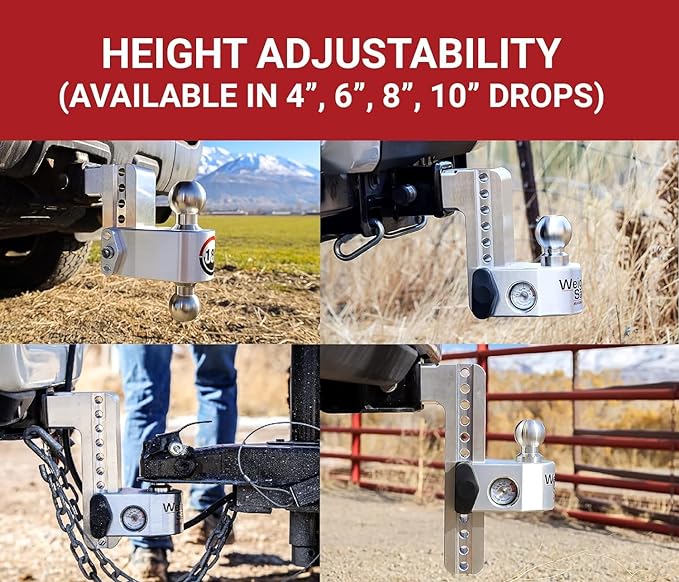 Weigh Safe Aluminum Adjustable Trailer Hitch - Towing Hitch with Built-In Tongue Weight Scale - Compatible with 2" Receivers - 8" Drop, Stainless Steel Tow Balls, 12,500 GTW, 4-Piece Lock Set