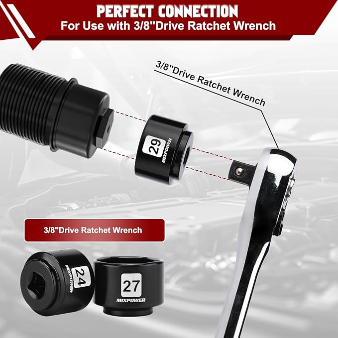 MIXPOWER 8 Pieces 3/8" Drive Low Profile Oil Filter Socket Set, 24mm, 27mm, 28mm, 29mm, 30mm, 32mm, 36mm, 38mm, Oil Filter Cap Remover and Installer Tool Set