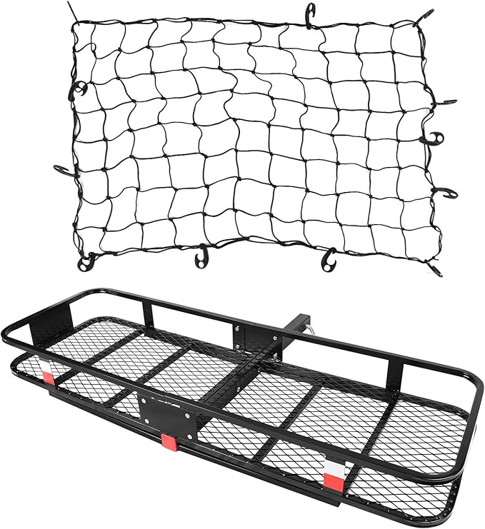 FORWODE 60x20x6 Hitch Carrier for 2 Inch Receiver, 500LB Capacity Hitch Mount Rack with Folding Cargo Basket, Rust-Resistant Coat, Includes Cargo Net