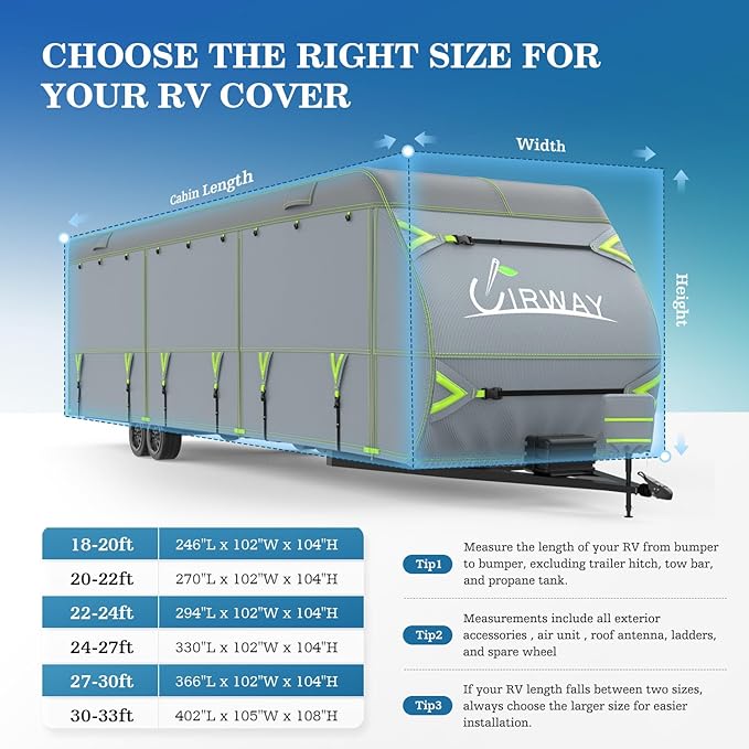 UIRWAY RV Cover 27-30ft Travel Trailer, Upgraded 7-Layers Camper Cover, Waterproof Rip-Stop Travel Trailer Cover with 4 Tire Covers, Tongue Jack Cover, Gutter Covers, Repair Patches, Windproof Straps
