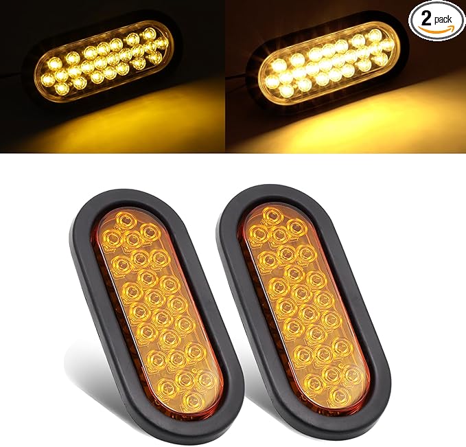 Amber 6 Inch Oval Trailer Marker Lights 24 LED Turn Signal Clearance Lamp for Truck Trailer Lorry Pickup RV with Plug & Grommet Turn Signal 12v DC (2 Pcs)