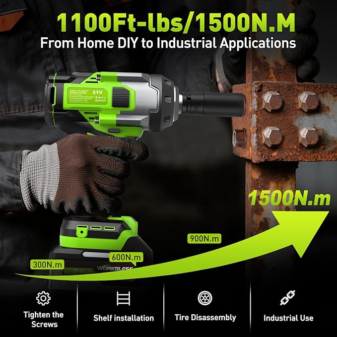 Cordless Impact Wrench 1/2 Inch: Max 1500Nm (1100Ft-lbs) 1/2 Impact Gun - 20V 4Ah Battery, 3-Speed, 4 Sockets, LED Light, Variable Speed Impact Driver for Car Tire, Mower Lug Nut