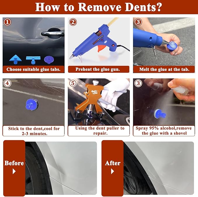 VEXTRO Car Dent Puller Kit, Dent Remover Tool for Car Dent Repair with High Adhesive Puller Tabs & Glue Sticks,100W Hot Glue Gun,Dent Refector Board, Suction Cups, Paintless Dent Removal Kit for Auto