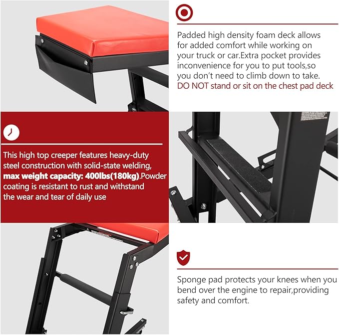 BUNKER INDUST Automotive Engine High Top Creeper Workstation Shop Mechanic | Adjustable Height | | Foldable | | 400 LBS Capacity |