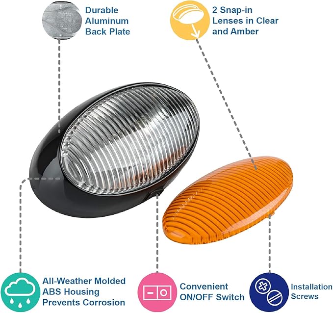 Lumitronics RV 12V LED Oval Porch Utility Light with On/Off Switch, Clear & Amber Lenses for Motorhomes, Campers, Trailers, 5th Wheels (Black)