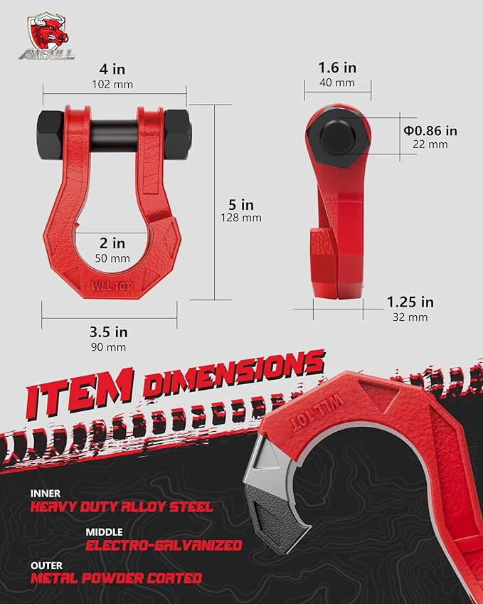 3/4" D Ring Separate Shackles, 52,910lbs Break Strength Easy Open Towing Winch Shackles, Heavy Duty Shackles with 7/8" Screw Pin for Tow Strap Winch Off Road Vehicle Recovery, RedRed