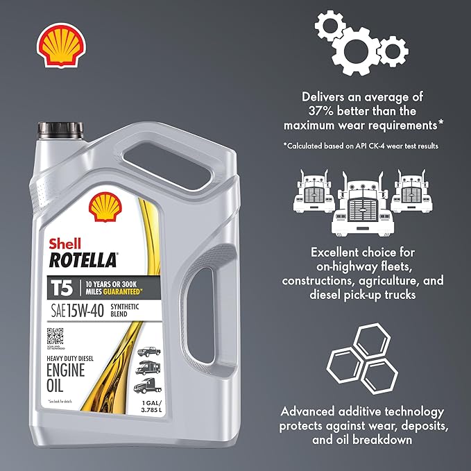 Shell Rotella T5 Synthetic Blend 15W-40 Motor Oil, 1 Gallon (3 Pack)