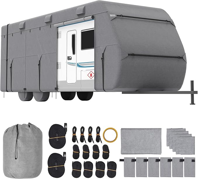 VEVOR Travel Trailer Cover, 22-24 ft RV Cover, 4-Layer Non-Woven Fabric Camper Cover, Waterproof, Windproof and Rip-Stop Class A RV Cover, with Storage Bag, Repair Patches, Straps and Tire Covers