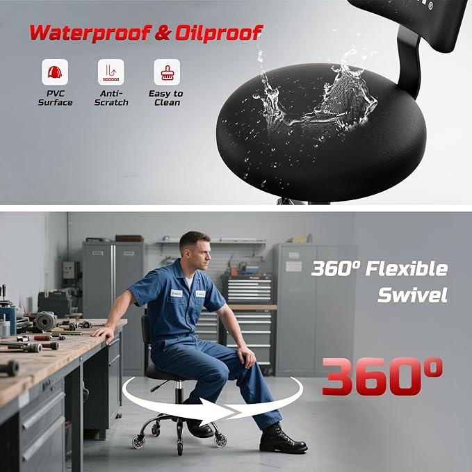 Rolling Shop Stool with Wheels,Mechanic Garage Stool Chair with Adjustable Height 15.55"-18.3",Heavy Duty Swivel Roller Seat for Garage,Salon and Tattoo Beauty, Black