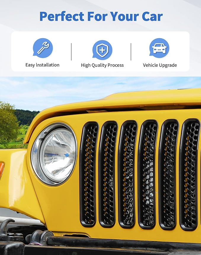 7Pcs Front Grille Inserts Guard for Jeep Wrangler TJ 1997-2006 Black Front Grille Mesh Cover Guard Clip-in Trim Cover, Black