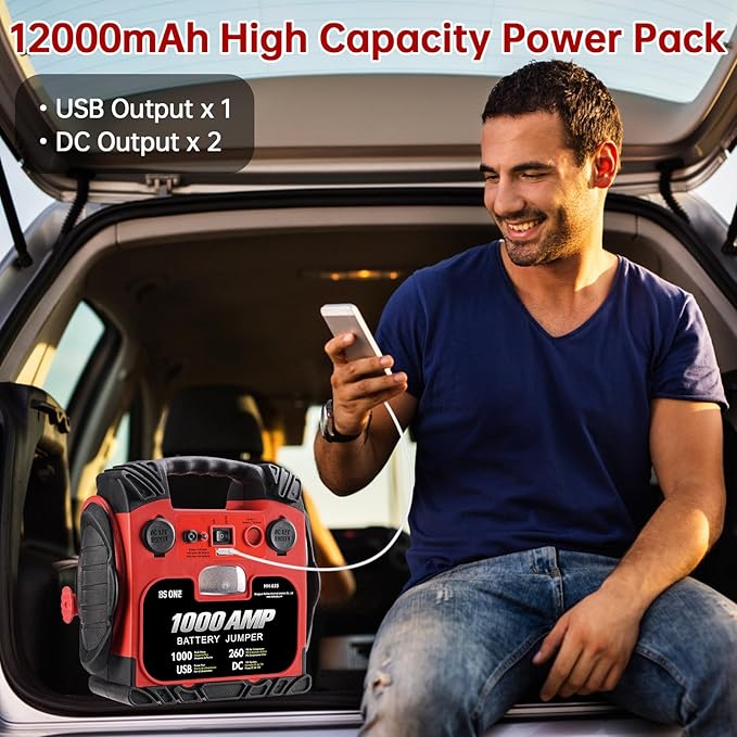 BS ONE 1000 Amp Peak Current Car Jump Stater, 12V Lead Acid Battey Jump Box with 260PSI Air Compressor, Jump Starter Battery Pack with Led Light & USB Output