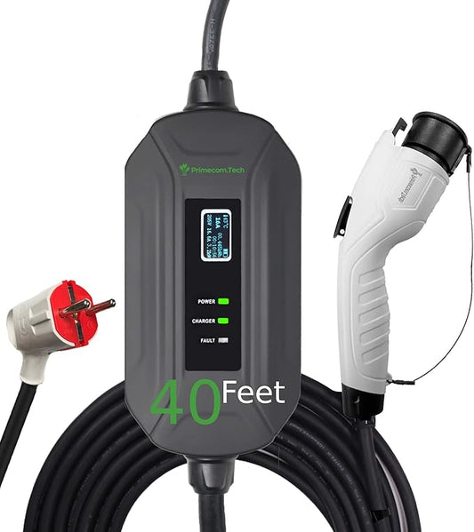 PRIMECOM Level 2 Electric Vehicle (EV) Charger (220V / 240Volt, 16Amp) Portable EVSE Smart Electric Car Charger, 30', 40', and 50 Feet Lengths (European, 40 Feet)