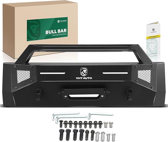 YHTAUTO Bull Bar Push Bar with Skid Plate Light Mount Fit Toyota Tundra 2014-2021, Heavy Duty Steel Brush Guard for Truck Front Bumper w/Winch Frame Textured Black Off Road Accessories