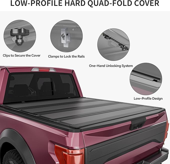 OEDRO Low-Profile Hard Quad-Fold Tonneau Cover Compatible with Dodge Ram 1500 2009-2018, Fit for Ram 1500 Classic 2019-2024 5.7ft Bed Without Rambox, One-Handed Quick Release, Drainage Design