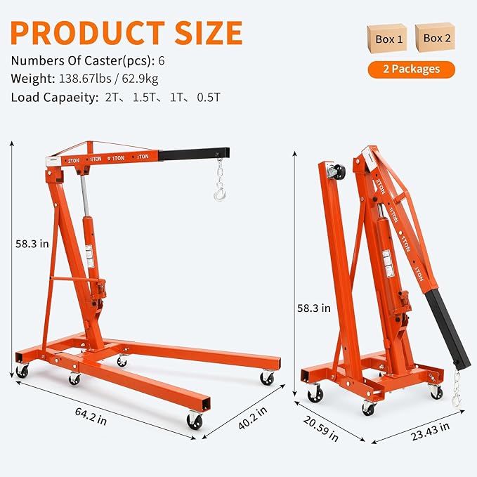 2-Ton Folding Engine Hoist Cherry Picker 4400 Lb Capacity Hydraulic Shop Crane with Telescoping Boom 6 Caster Wheels for Automotive Repair Garage Use Includes Hitch and Storage Stand Orange