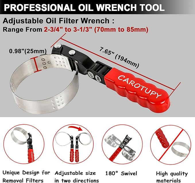 Small Swivel Oil Filter Wrench, Oil Filter Removal Tool, Adjustable Filter Wrench Fits Filter from 2-3/4" to 3-1/3" for Cars, Motorcycles and Lawn-mower