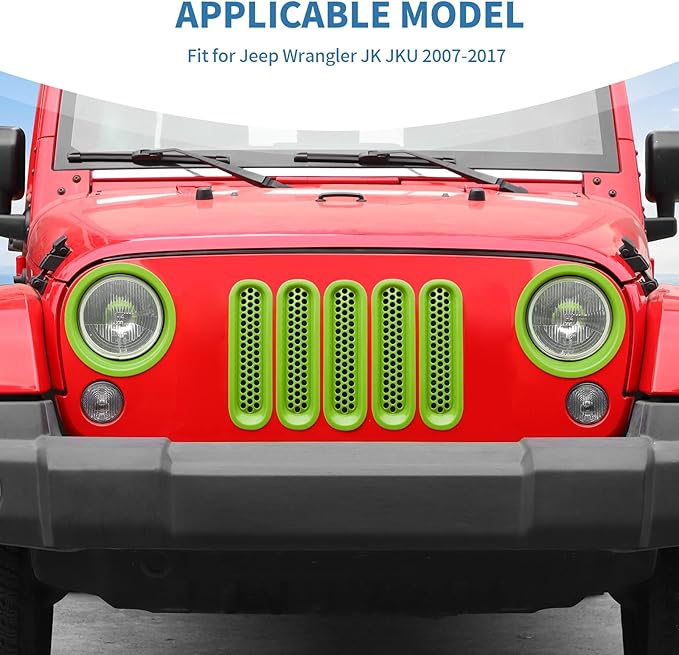 for Jeep JK Front Grille Inserts & Headlight Cover Trim Ring for Jeep Wrangler JK JKU 2007-2017 Green Exterior Accessories 9pcs