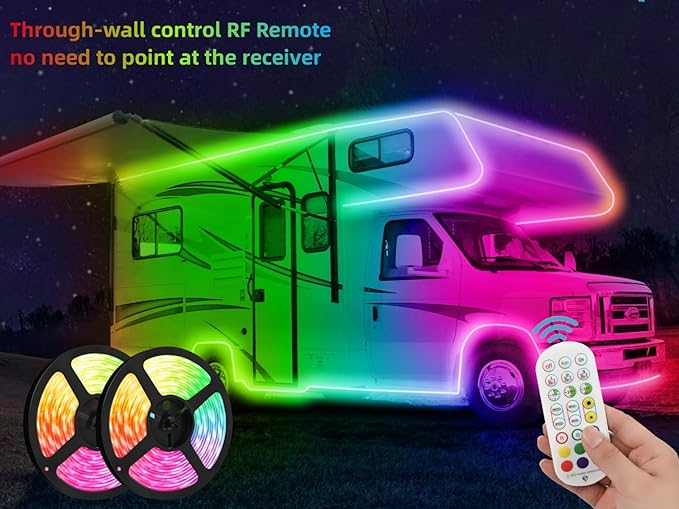 65.6FT RV Awning Lights Strip, 12V Multi-Color RV Underglow Led Lights, Camper Underbody Accent Lighting with APP RF Control for Motorhome Travel Trailer Concession Stands Food Trucks