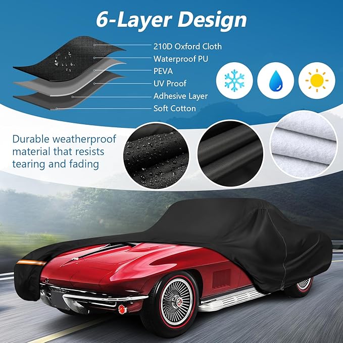 Waterproof Car Covers for Corvette C1 C2 1953-1967, Heavy Duty Car Covers for Automobiles Outdoor Full Cover Rain Sun UV Protection with Door Zipper and Straps for 1962-1967 Corvette C2