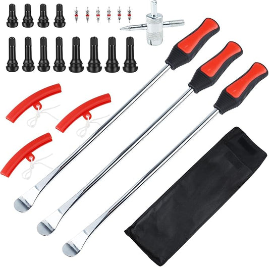 Riseuvo 15" Tire Spoon Kit, Tire Changing Kit for Motorcycle Bike Mower Tractor ATV, Tire Removal Tool Set with Rim Protectors, Valve Tool, Valve Cores, Caps, Stems(TR414 TR413 TR412), Storage Bag