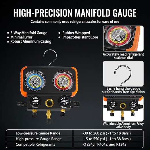 R1234yf AC Vacuum Pump and Gauge Set,4.5CFM Vacuum Pump Manifold Gauge Kit for Auto HVAC Compatible with R1234yf,R404a,R134a,Includes Leak Detector,R1234yf Can Tap,Quick Coupler Adapters