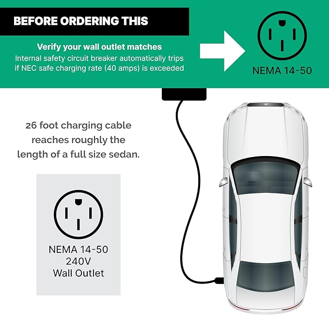 Splitvolt Level 2 Adjustable EV Charger (240v, 26 ft Cable, NEMA 14-50, Adjustable up to 40 Amps) Live LCD Screen Time Delay Start Function, NEC Fast 50A Circuit Charging J1772 Plug with Travel Bag