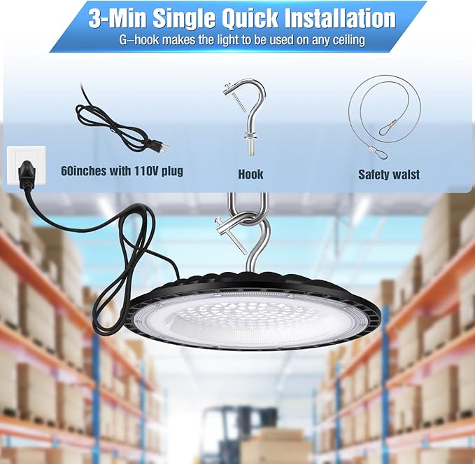 100W UFO Led High Bay Light Fixture,5000K Daylight Commercial Shop Bay Lighting,120v,15000LM,[450W MH/HPS Equiv.] US Plug Area Lighting for Garage/Warehouse/Barn/Gym/Factory/Workshop