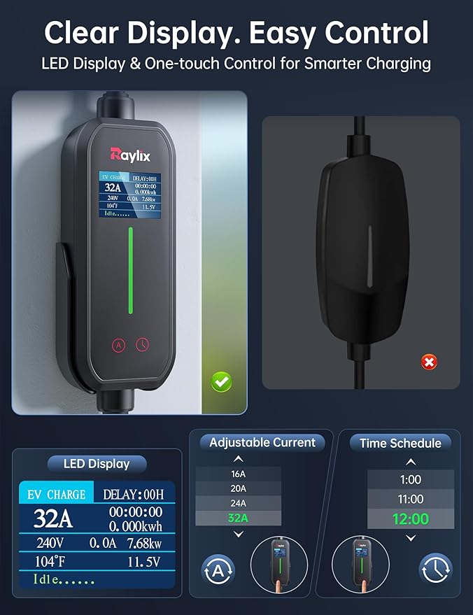 Raylix 32A Level 2 Fast Charger for Tesla, Adjustable Current, Delay Charge, Smart Display, 7.68KW Mobile/Home Charger for Tesla, 21ft Cable, Connector for Model X/Y/3/S/Cybertruck, NEMA 14-50 Plug