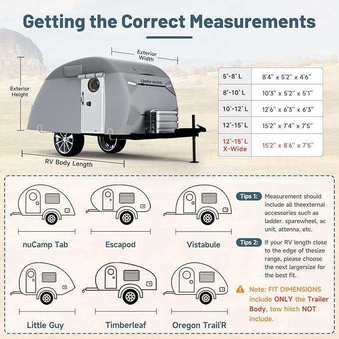 Teardrop Trailer Cover Fits 12-15 Campers, Umbrauto 7 Layers Top Heavy Duty Waterproof Camper Cover with Windproof Strap for R-Pod Trailers, Clamshell RVs
