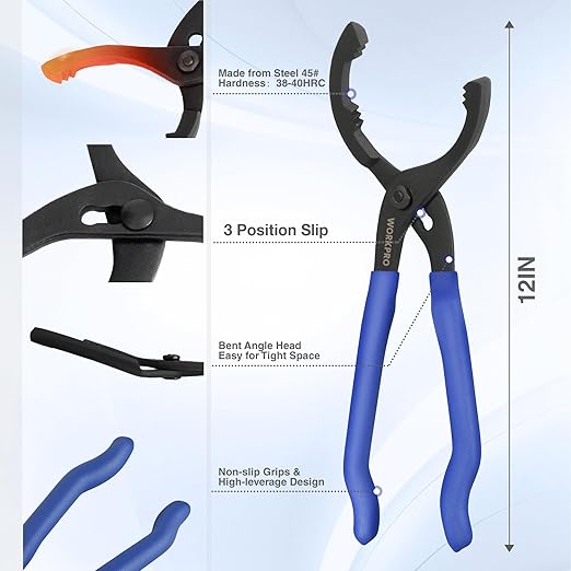 WORKPRO 12-inch Oil Filter Plier and Flexible Oil Funnel Set for Quick and Clean Automotive Oil Change, Durable Silicone Funnel with Shape Retention, Adjustable Anti-Slip Oil Wrench for Effortless Use