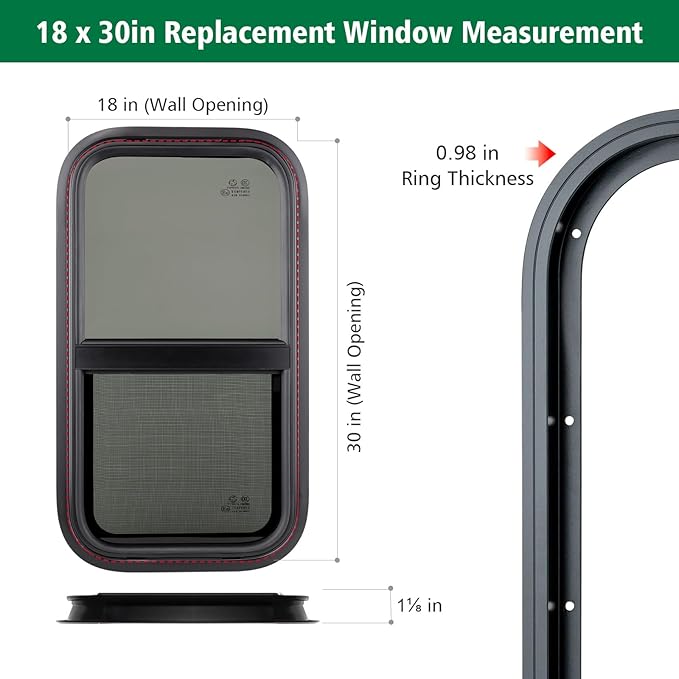 Dulepax Vertical RV Window, 18" W x 30" H Tinted Slide Trailer Window, Tempered Glass Camper Window Replacement with Net Screen and Trim Ring, DOT Approved