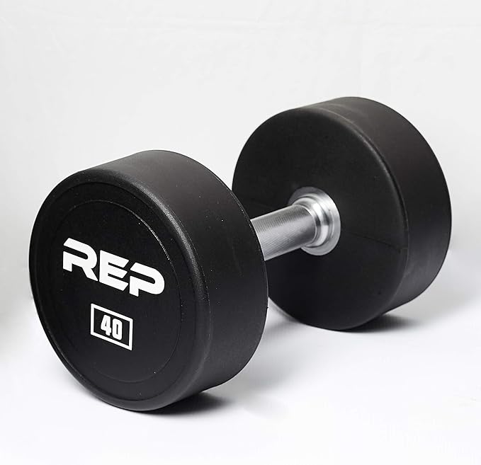 REP Fitness Urethane Coated Round Dumbbells, 5 to 100 lbs, Singles or Pairs, With or Without Rack, Steel Core, Rubber Encased, Chrome Handles, Professional Weights for Home Gym Strength Training