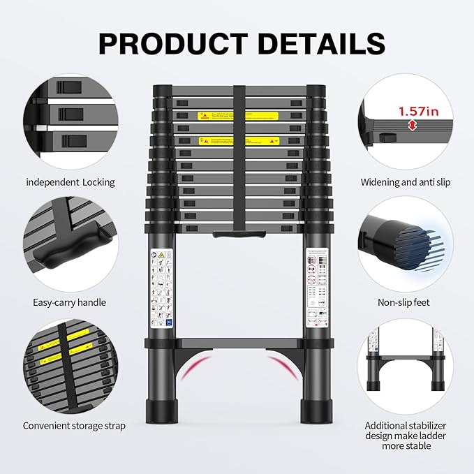 12.5FT Telescoping Ladder, 330lb Capacity Aluminum Heavy-Duty Extension Ladder with Anti-Slip Steps for Secure Attic Access, Roof, and Home Renovation Projects