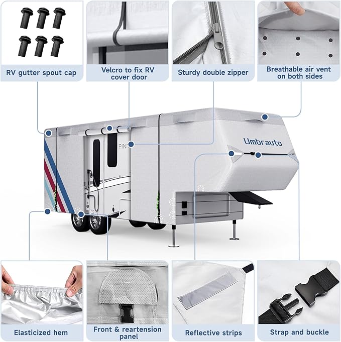 Umbrauto 5th Wheel RV Cover Upgraded 300D Waterproof Breathable Camper Covers Fits 28' - 31' Travel Trailer Motorhome with 2Pcs Extra Straps & Gutter Covers