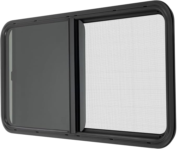 42" W x 22" H RV Window Horizontal Sliding, DOT Certified - Shatterproof Tempered Tinted Glass, with Net Screen and Trim Ring, Teardrop Replacement Trailer Camper Window